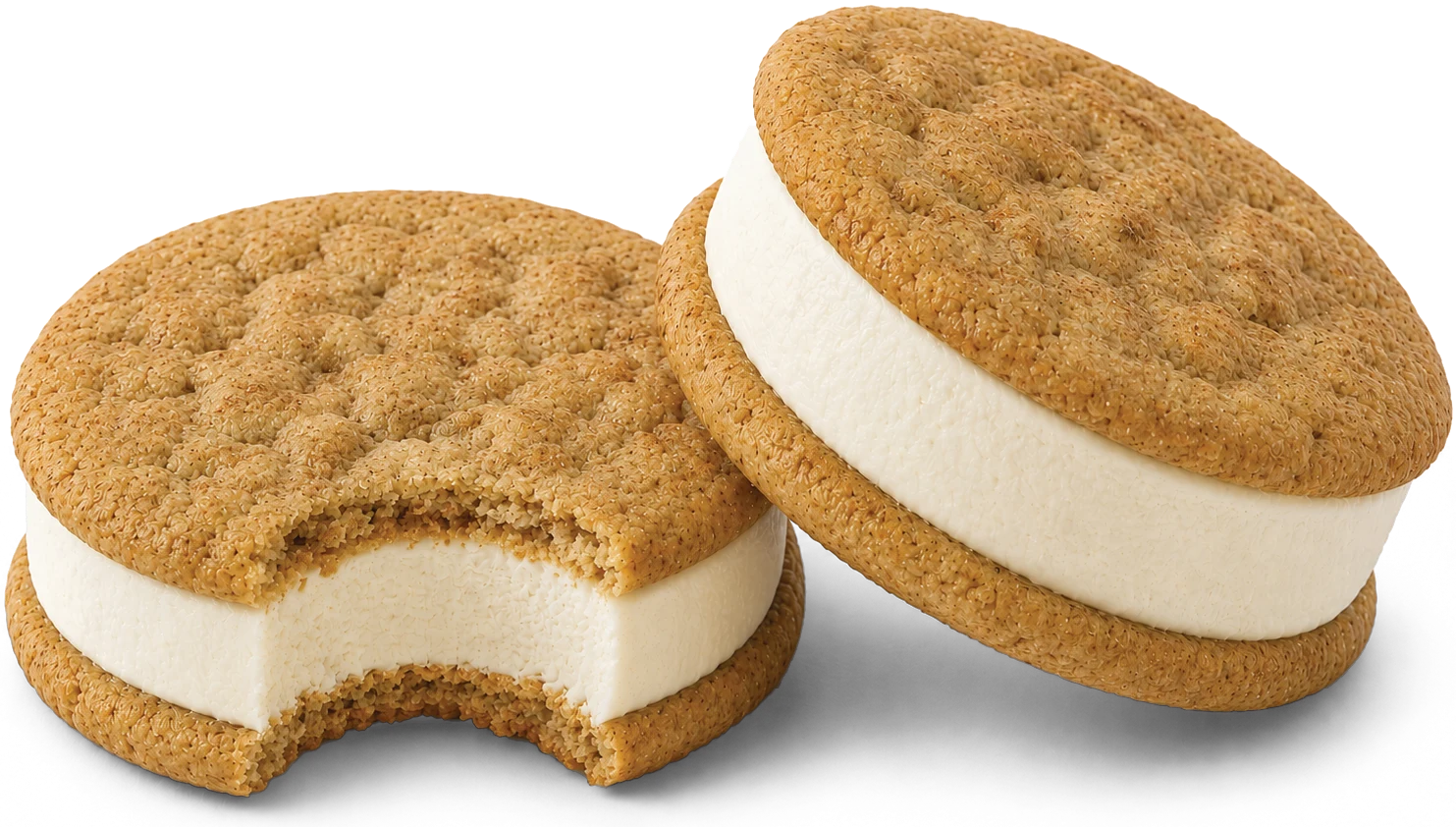 Two Chessters Snickerdoodle sandwiches, one whole and one cut open to show the custard